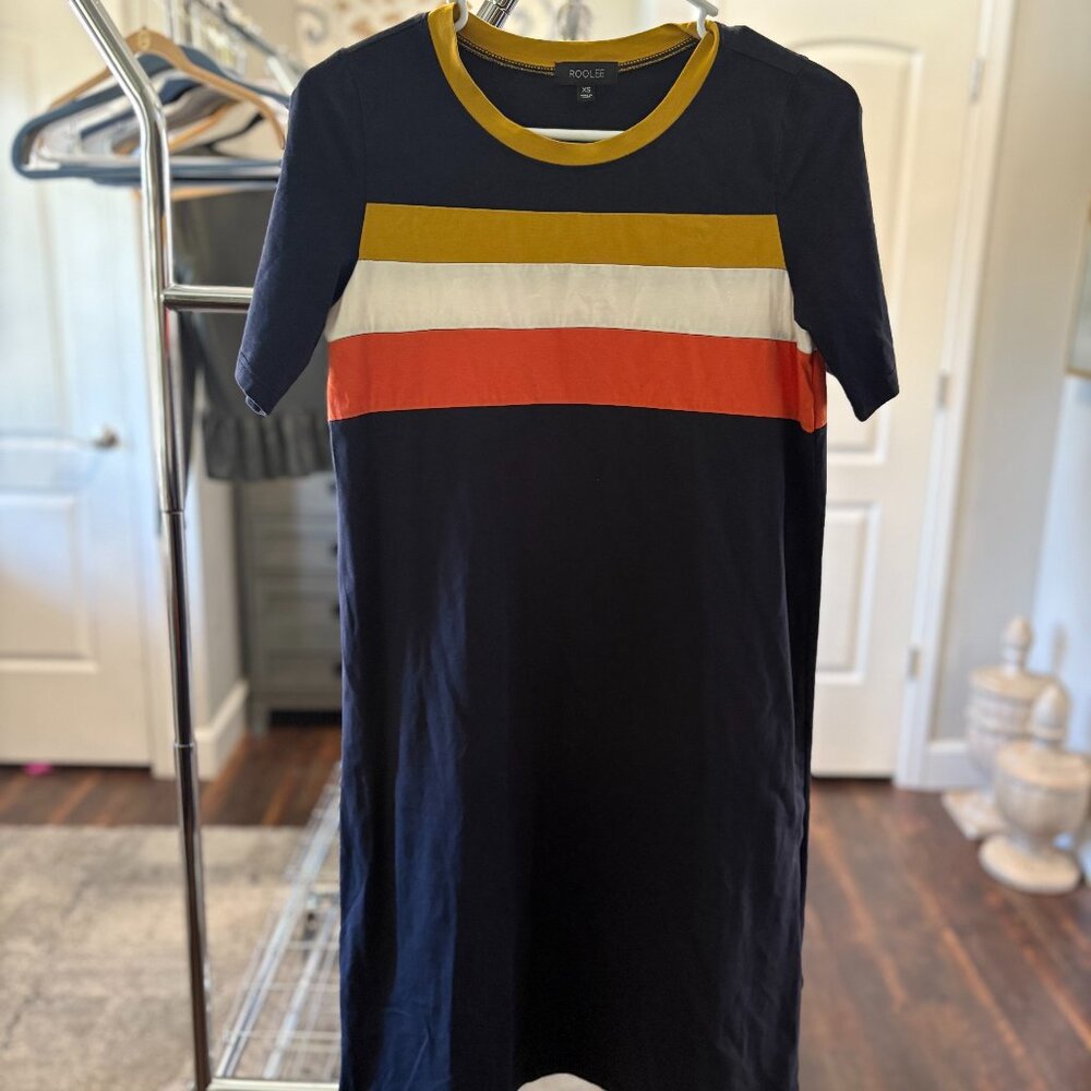 ROOLEE Color Block Navy Stripe Tee Shirt Dress women's size XS